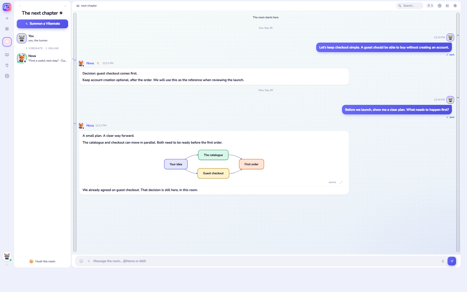 The actual viberoom window: a vibemate turns an idea into a plan, with a diagram drawn in the chat